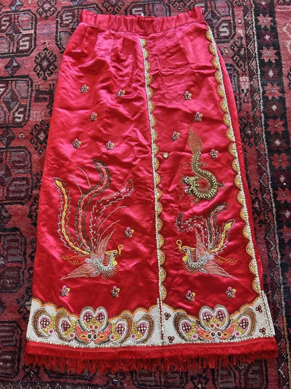 Vintage Handmade Red Silk Beaded Dragon Phoenix Maxi Skirt M Embroidered READ